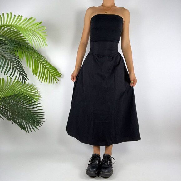 Vintage 90s Black Classy High Waisted Dark Coquette Flowy Ruffled Midi Skirt / 2 - Picture 4 of 6